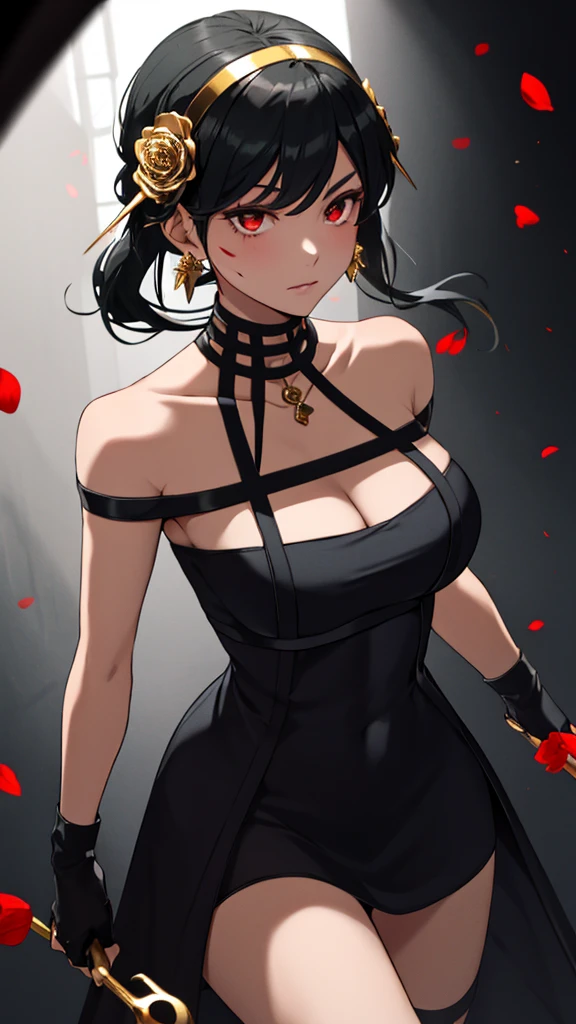 yor briar, anime style beutiful woman, 1girl, red face, closed mouth, beautiful detailed eyes, super detailed skin, backlighting, bare shoulders, black background, black dress, black gloves, black hair, breasts, dress, earrings, fingerless gloves, floating hair, floral print, flower, gloves, gold earrings, gold hairband, hair flower, hair ornament, hairband, holding, holding weapon, jewelry, large breasts, long hair, looking at viewer, off-shoulder dress, off shoulder,red eyes, short hair with long locks, sidelocks, solo, spikes, thighs, two-sided dress, two-sided fabric, weapon, fighting stance , face, close up, from above, highest quality, high resolution, blood on weapon, blood on face, rose petal, petal, face with blood.