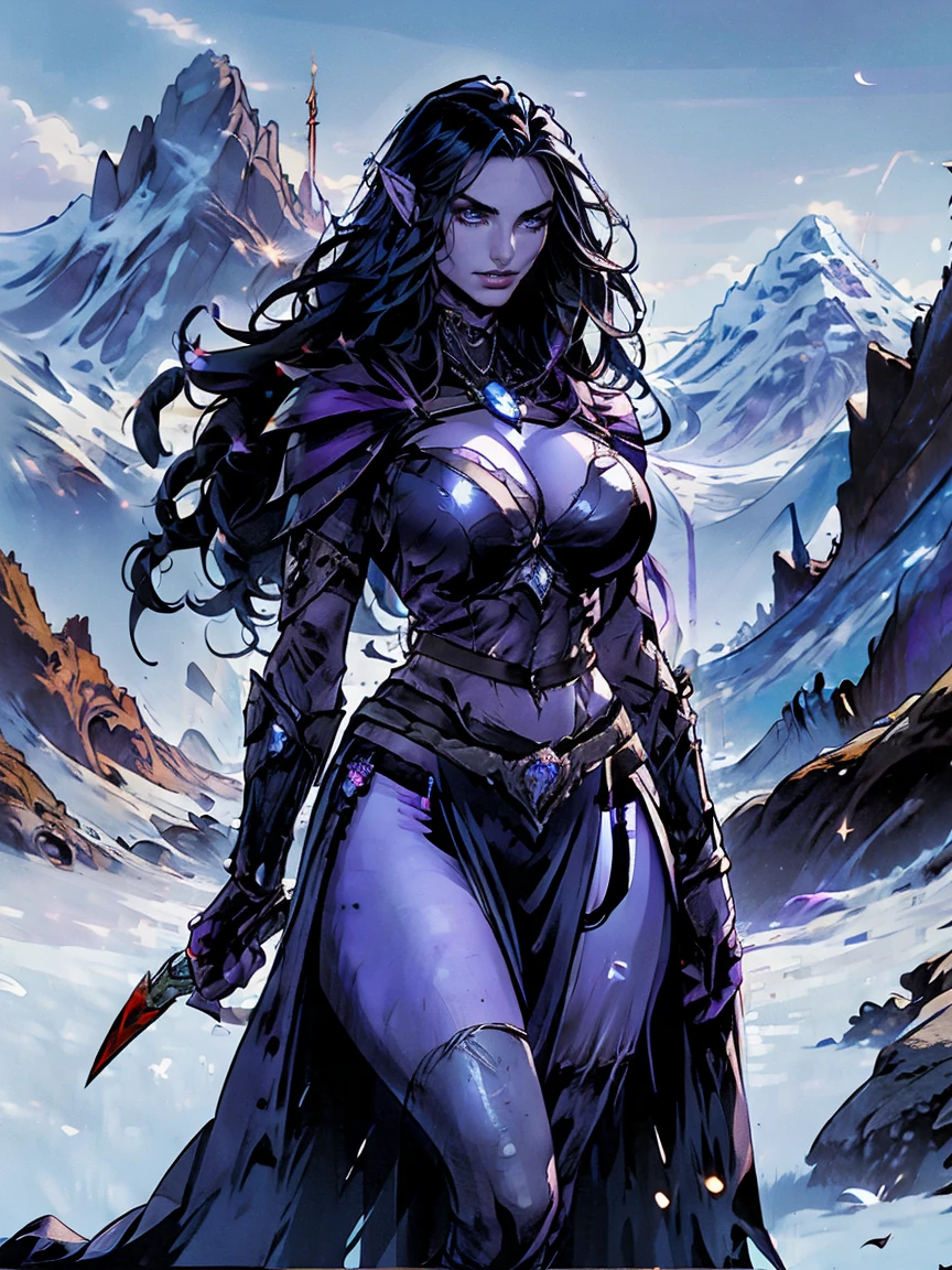 (masterpiece, top quality, best quality, official art, beautiful and aesthetic:1.2), (1girl:1.3), ((Sharp facial features, sharp features, hawkish features)), ((big hair, long elf ears, long black hair)), (((pale purple skin, pale blue skin, blue skin, purple skin))), big tiddy dark elf girl, extremely detailed, portrait, looking at viewer, solo, (full body:0.6), detailed background, full-body shot, (cold night mountain theme:1.1), dark elf war dancer, (spiky winged helmet), charlatan, smirk, mysterious, swaying in mountains, strapless top, skimpy attire, revealing gladiatrix costume, ebony metal, gold filigree, long boots, dual knives, blood red fabric, pelvic curtain, loincloth, black leather, ((((gigantic breasts, cleavage, skindentation, long legs, pelvic curtain)))), cute belly button, toned tummy, slim waist, slim hips, long legs, medieval (mountain exterior:1.1) background, dark mysterious lighting, shadows, magical atmosphere, dutch angle