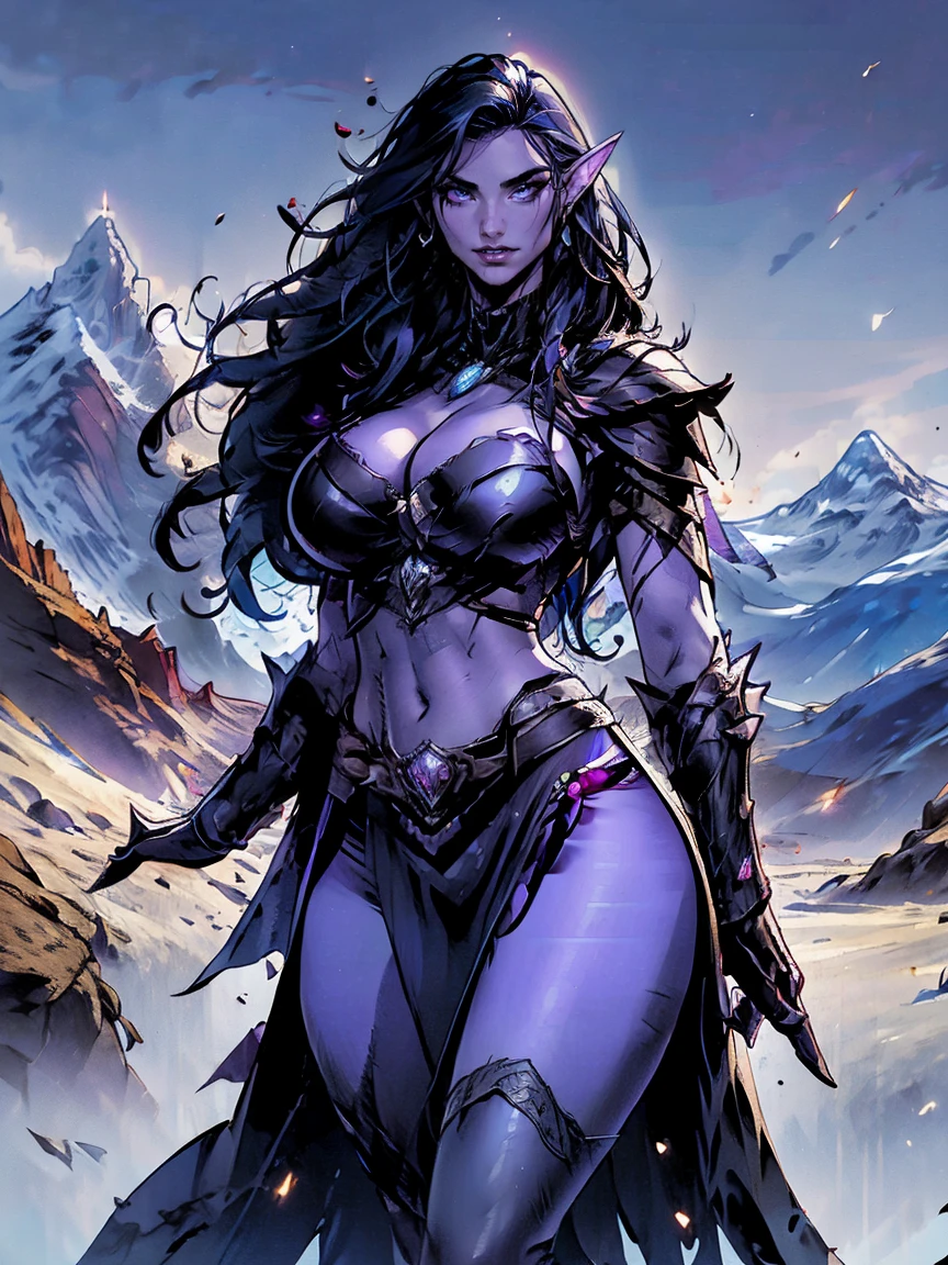 (masterpiece, top quality, best quality, official art, beautiful and aesthetic:1.2), (1girl:1.3), ((Sharp facial features, sharp features, hawkish features)), ((big hair, long elf ears, long black hair)), (((pale purple skin, pale blue skin, blue skin, purple skin))), big tiddy dark elf girl, extremely detailed, portrait, looking at viewer, solo, (full body:0.6), detailed background, full-body shot, (cold night mountain theme:1.1), dark elf war dancer, (spiky winged helmet), charlatan, smirk, mysterious, swaying in mountains, strapless top, skimpy attire, revealing gladiatrix costume, ebony metal, gold filigree, long boots, dual knives, blood red fabric, pelvic curtain, loincloth, black leather, ((((gigantic breasts, cleavage, skindentation, long legs, pelvic curtain)))), cute belly button, toned tummy, slim waist, slim hips, long legs, medieval (mountain exterior:1.1) background, dark mysterious lighting, shadows, magical atmosphere, dutch angle