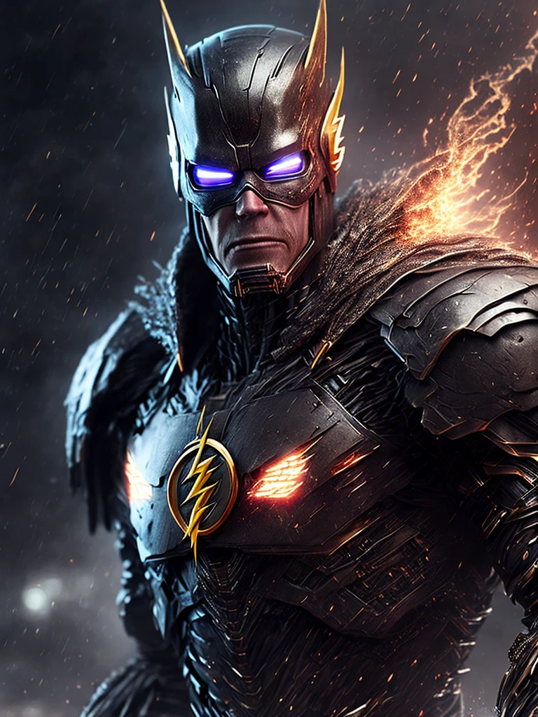 Close-up (Terminator Flash from DC in Viking style: 1.3) emerging from wet black mud, extremely detailed, smoke, sparks, metal shavings, flying debris, volumetric light