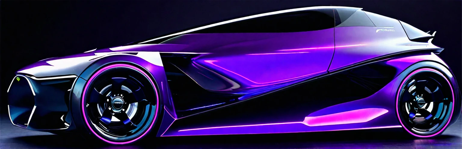 Close-up of a futuristic car，Purple wheels on black surface, Zaha Hadid octane highly render, Concept cars, aerodynamics车身, concept automobile design, Cars painted with holographic paint, concept ar, aerodynamics, Web portals. Zaha Hadid, futuristic Concept cars, Ultra Detailed, futuristic product car shot, Concept cars design, aerodynamics设计, Side perspective