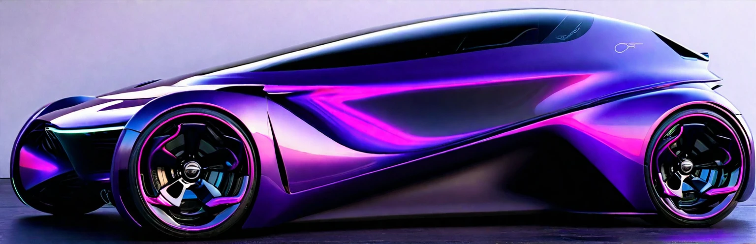 Close-up of a futuristic car，Purple wheels on black surface, Zaha Hadid octane highly render, Concept cars, aerodynamics车身, concept automobile design, Cars painted with holographic paint, concept ar, aerodynamics, Web portals. Zaha Hadid, futuristic Concept cars, Ultra Detailed, futuristic product car shot, Concept cars design, aerodynamics设计, Side perspective