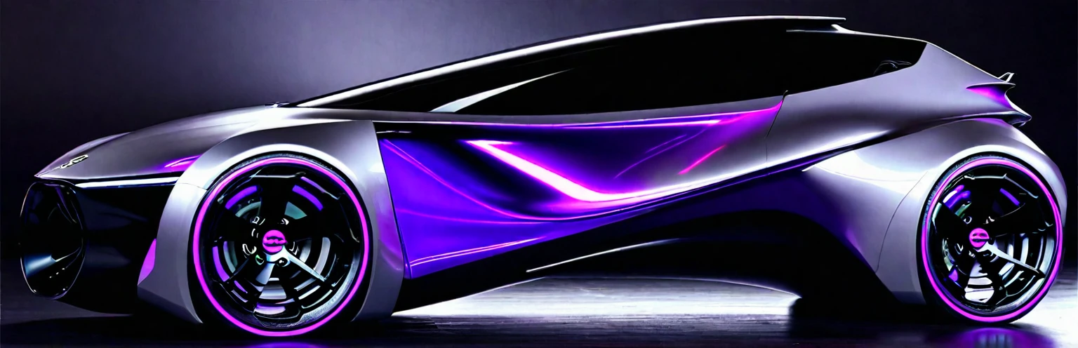 Close-up of a futuristic car，Purple wheels on black surface, Zaha Hadid octane highly render, Concept cars, aerodynamics车身, concept automobile design, Cars painted with holographic paint, concept ar, aerodynamics, Web portals. Zaha Hadid, futuristic Concept cars, Ultra Detailed, futuristic product car shot, Concept cars design, aerodynamics设计, Side perspective