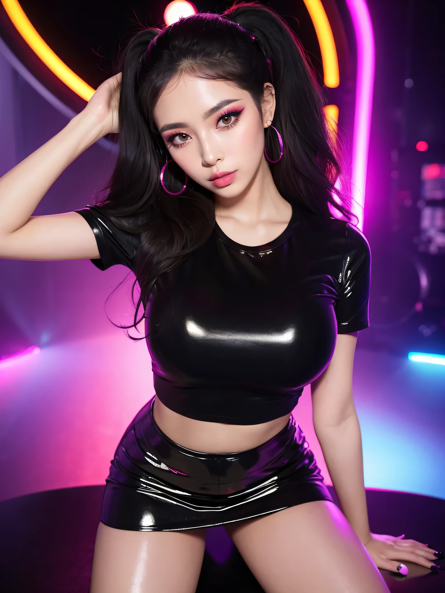Beautiful woman、A face with glamorous eyeshadow and makeup、Nice body、Big Tits、Earrings、Standing with your feet apart、shirt、Black vinyl micro mini skirt、Panties in full view、Nightclub、Neon Light、Shiny skin、Sweaty body、From the thigh up