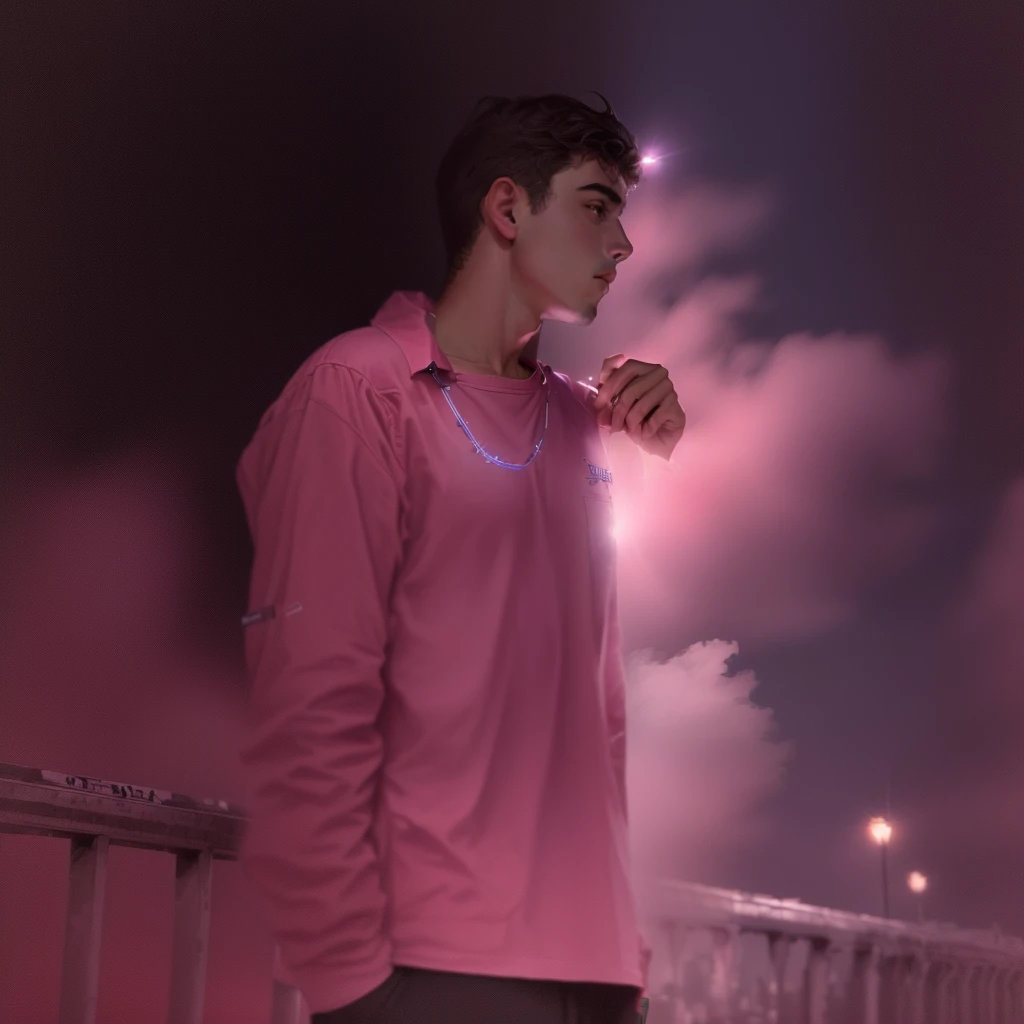 there is a man standing on a bridge at night in a pink shirt, Declan McKenna, foto de baixa qualidade, imagem de qualidade muito baixa, milhas johnstone, adolescente masculino, taken at the beginning of 2020, taken on a 2010s camera, No telhado, foto de baixa qualidadegraph, suave em _ o fundo, foto de perfil, em um telhado