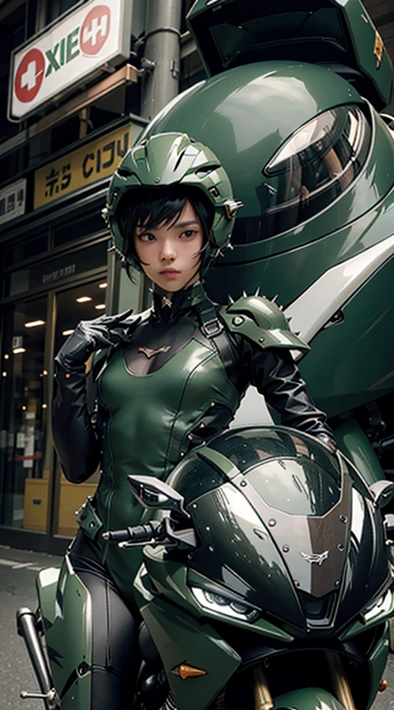 Highest image quality, outstanding details, ultra-high resolution, (realism: 1.4), the best illustration, favor details, highly condensed 1boy, with a delicate and beautiful face, dressed in a black and green mecha, wearing a mecha helmet, holding a directional controller, riding on a motorcycle, the background is a high-tech lighting scene of the future city,wide hips, thin and narrow weist, young man, young man , very small spikey boyish haircut , penis bulge, big large feminine breasts , very small spikey boyish haircut 