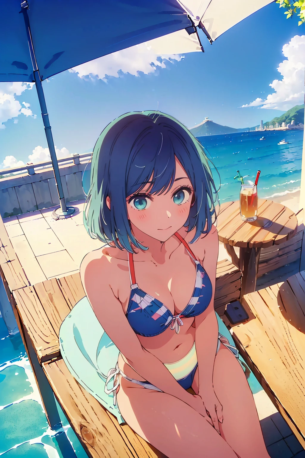 (Highest quality:1.4、8k:1.4,detailed),F cup bust、Big Breasts、Slim and beautiful arms、Slim body、Very white beautiful skin、((((1 person、smile、Swimwear、smile、sit、Chair、In the background are the urban buildings of Tokyo、Outdoor café terrace、coastal、Navy hair color、juice、table、She is wearing a white side-string high-leg bikini、Shot from slightly above、Looking up、Very cute face))))、looking at the camera、Very beautiful face、Cute pose、Very blue sky、A completely cloudless sky、She tilted her head slightly、The atmosphere is bright and lively、The woman is at the center of the image。