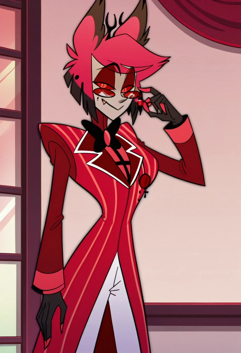 alastor, solo, 1girl, standing, huge breasts, grey skin, red suit, monocle, BREAK score_9, score_8_up, score_7_up, score_6_up, screencap