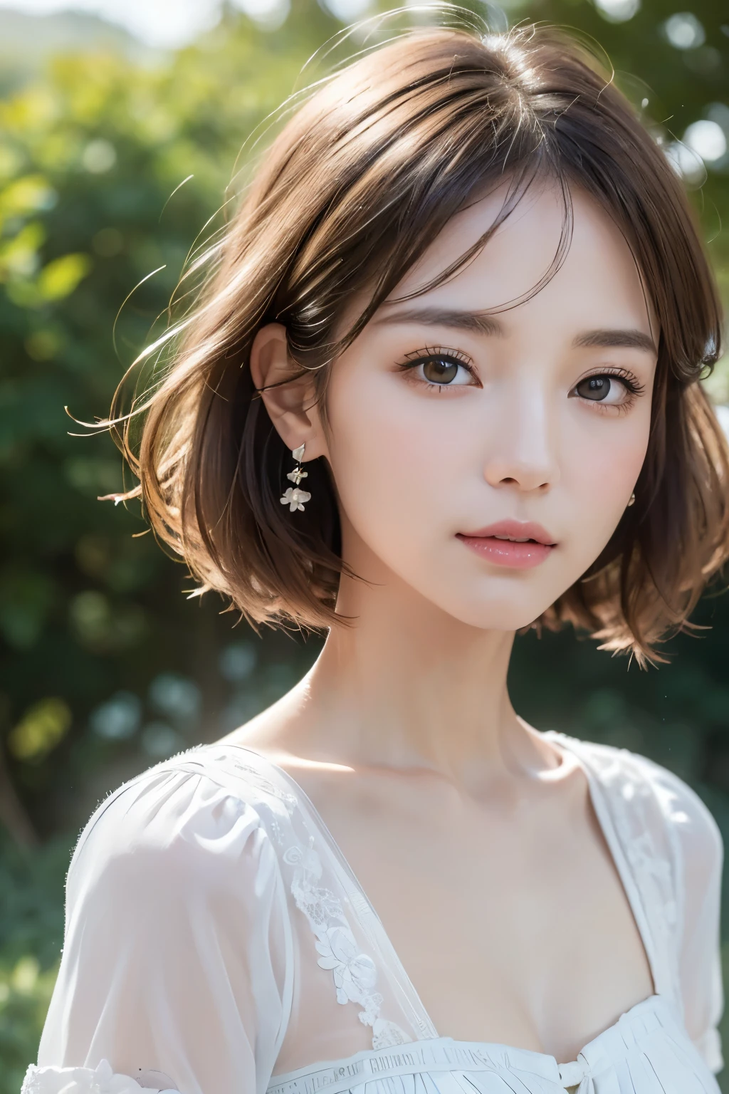 Ultra-high resolution、(masterpiece:1.3), (8k, Best image quality: 1.4)、 (Real:1.4)、One beautiful woman、Beautifully detailed eyes and skin、Gentle gaze、Light brown short hair、A tiny smile、Small Bust、shirt、White flowers in the meadow々、Ancient stone structures、wood々Beyond the sea、Cloudy、Soft sunlight at dusk、