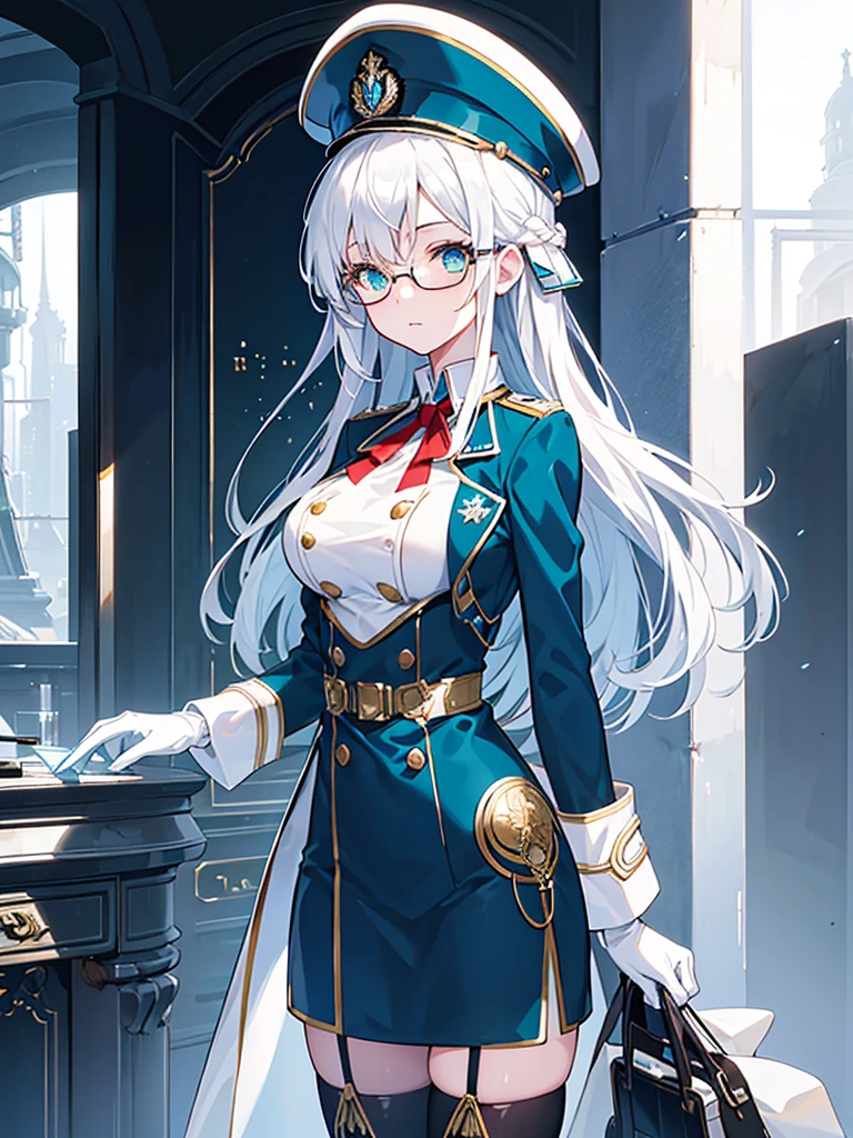 masterpiece, best quality, beautiful girl, white hair with blue inner color, emerald green eyes, dark blue military uniform, mature_female, eye_glasses, white gloves, anime, dark blue military hat, very_long_hair, perfect body, red ribbon, commander, science_fiction, black knee-high boots, white pencil skirt , cowboy_shot, best quality, large_breasts, ultra-detailed, high quality, two-tone uniform, sci-fi, royal blue Trench Coat, fantasy world, one girl 