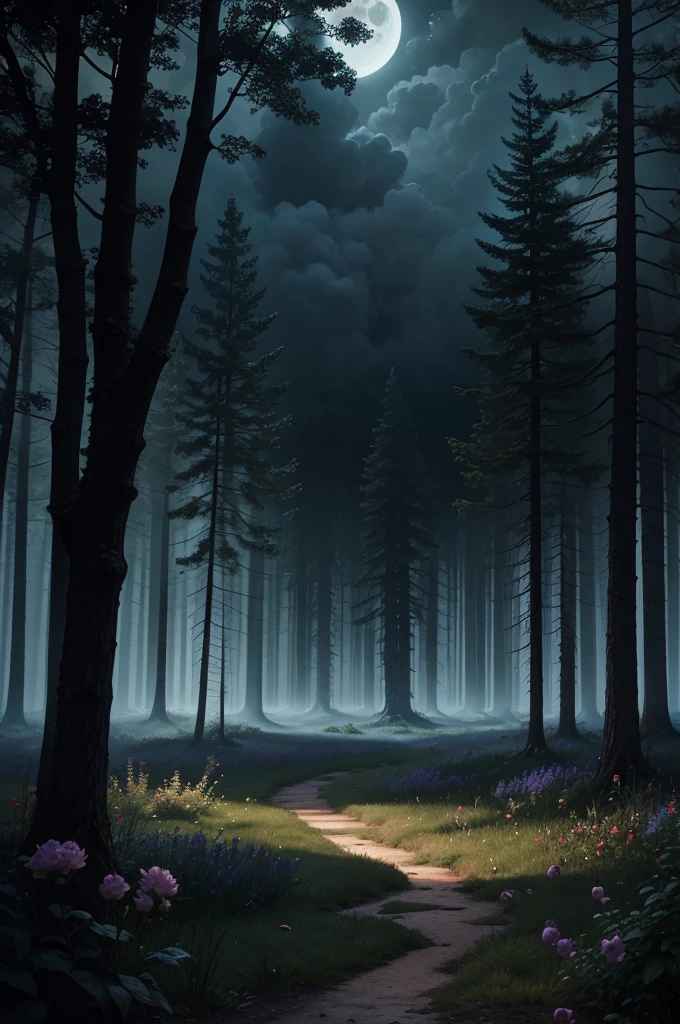 a dark forest garden meadow at midnight, beautiful detailed flowers, dark cloudy sky, dark trees, moonlight, dramatic lighting, cinematic, moody, dark fantasy, dramatic atmosphere, 4k, detailed, photorealistic