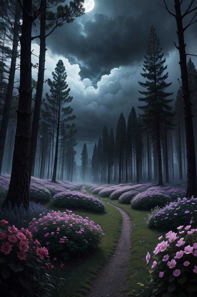 a dark forest garden meadow at midnight, beautiful detailed flowers, dark cloudy sky, dark trees, moonlight, dramatic lighting, cinematic, moody, dark fantasy, dramatic atmosphere, 4k, detailed, photorealistic