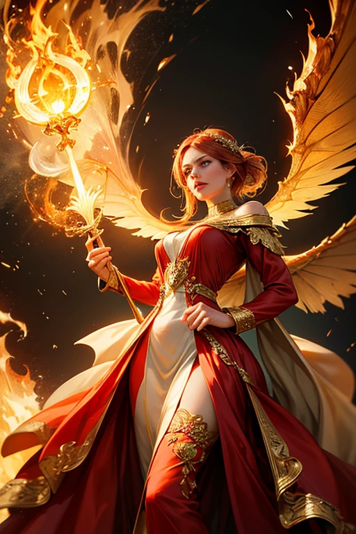 "Create an ultra-realistic image of a stunning 30-year-old female fairy with large, intricate wings that flicker with the intensity of flames. She should be holding a magical staff that radiates the fierce energy of fire, with flames dancing around it. Dress her in a sophisticated outfit with various shades of red, symbolizing her connection to fire. Surround her with elements of fire, such as flickering embers and blazing flames, to highlight her mastery over this element. Include a distinct fire symbol or design on her body, signifying her role as the keeper of fire and flames, and showcasing the powerful fiery energy she possesses within her."