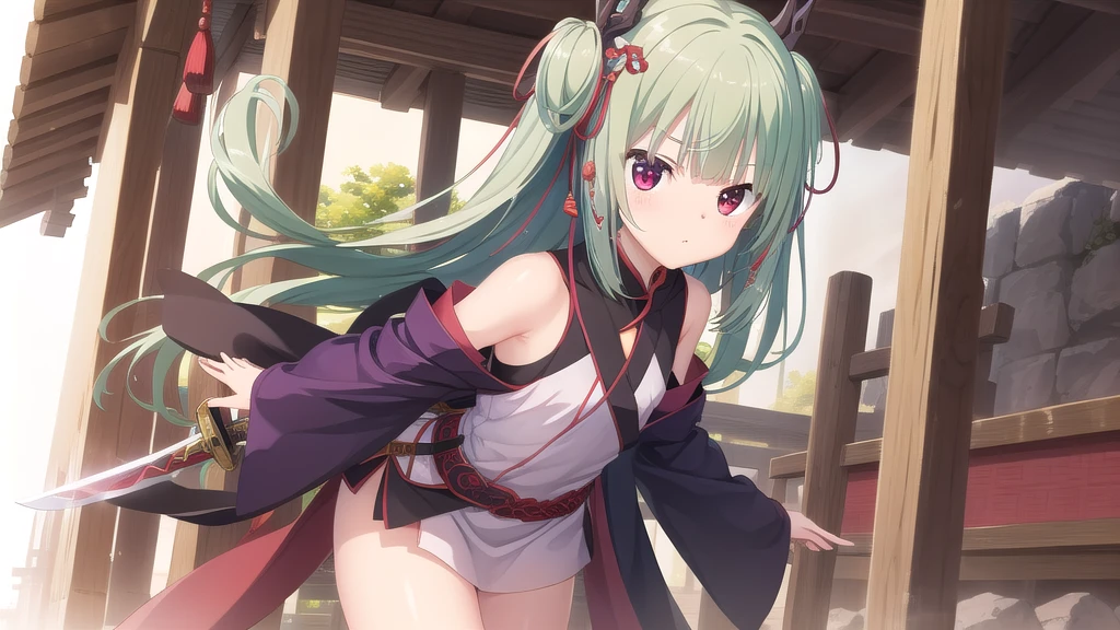 ((masterpiece)),(best quality),Official Art,Extremely detailed CG,Unity 8K wallpaper,Very detailed,Beautiful and delicate eyes,Extremely detailed face,1 girl,solitary,,(whole body:1.5),(small:1.3),,,Murasame,Very long hair,Green Hair,Face Up,Purple bow,hairpin,Side chains,Bangs,Red Eyes,Neck strap,Red belt,Sword Master，In clothing design，Deconstruction based on the Tang Dynasty cross-breasted long gown。Combined with Li Bai&#39;s poem &quot;Lazy Shaking White Feather Fan&quot;，&quot;Naked in the Green Forest&quot; is a casual and bold description，Designed for simplicity and segmentation、The overall center of gravity is lower, with wide sleeves。at the same time，The overall clothing is painted in ink-splashing style.，Presents the pattern of ink landscape painting，Expressing his unrestrained and unrestrained temperament。at the same time在局内表现中，Hem、Ink dye at the end of the sleeves，It will be presented in the dynamics of water flow，It adds to the swordsman&#39;s sense of 。
In the design of weapons，White sword blade，The blue sword tip is interspersed with black；The hilt is made of white jade, which adds to the ancient charm.。besides，We added the design of the scabbard for the first time，On it are bunches of freshly picked white plum blossoms.，Highlighting the ultimate romance of chivalry in the world，Plum blossoms bloom all over the tree。Ink into Poetry、Chinese landscape paintings with great charm。