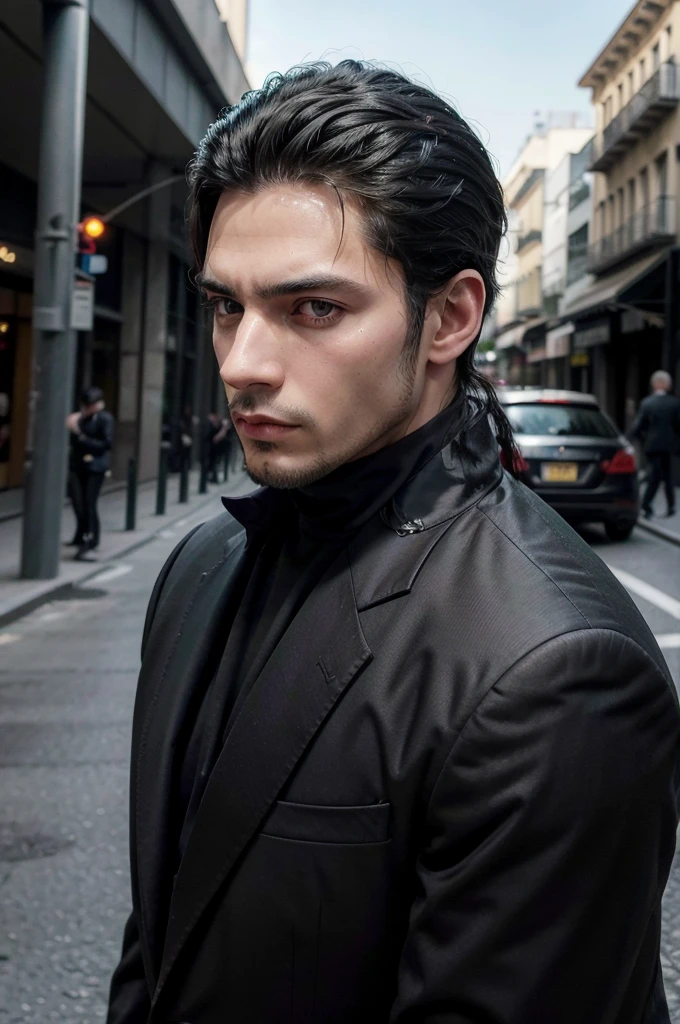 Hombre, como jefe de mafia, alto y en forma, con el cabello corto color negro, delineado negro en la parte inferior de los ojos y ojos verdes, mientras modela sexy en diferentes posiciones, cuerpo completo.