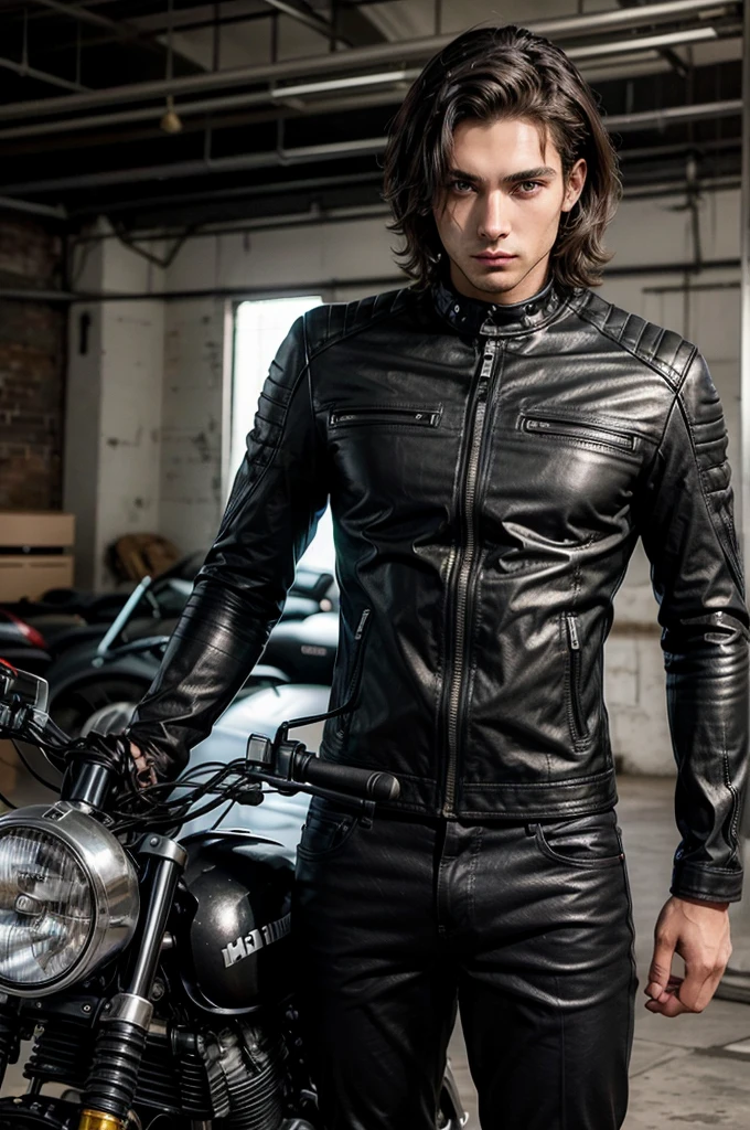Hombre, como motociclista y modelo, alto y con cuerpo musculoso, con el cabello corto color negro, delineado negro en la parte inferior de los ojos y ojos verdes, modelo, cuerpo completo.