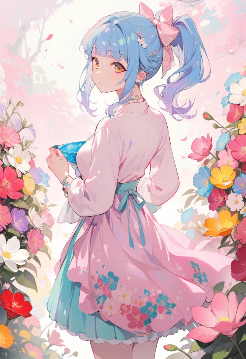 One girl,Taking a walk、Stylish、In love、Blue Hair, ponytail, Retro costumes, , Hyper Pop, Flower Garden, Retro feel, overview, masterpiece, Highest quality,