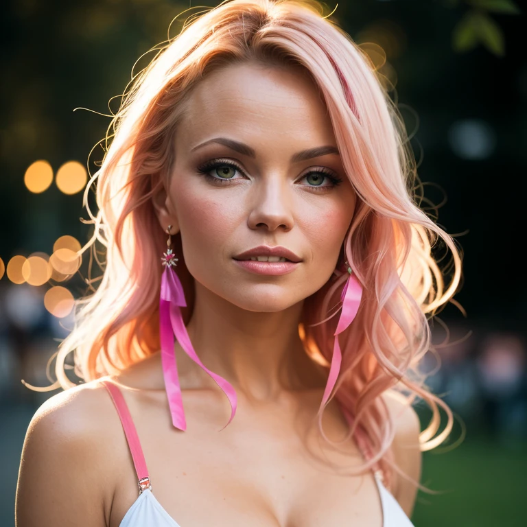 (8k, best quality, masterpiece:1.2),(best quality:1.0), (ultra highres:1.0), pencil colors, Pamela Anderson, shoulder, hair ribbons, by agnes cecile, full body photography, extremely luminous bright design, pastel colors, (ink:1.3), autumn lights