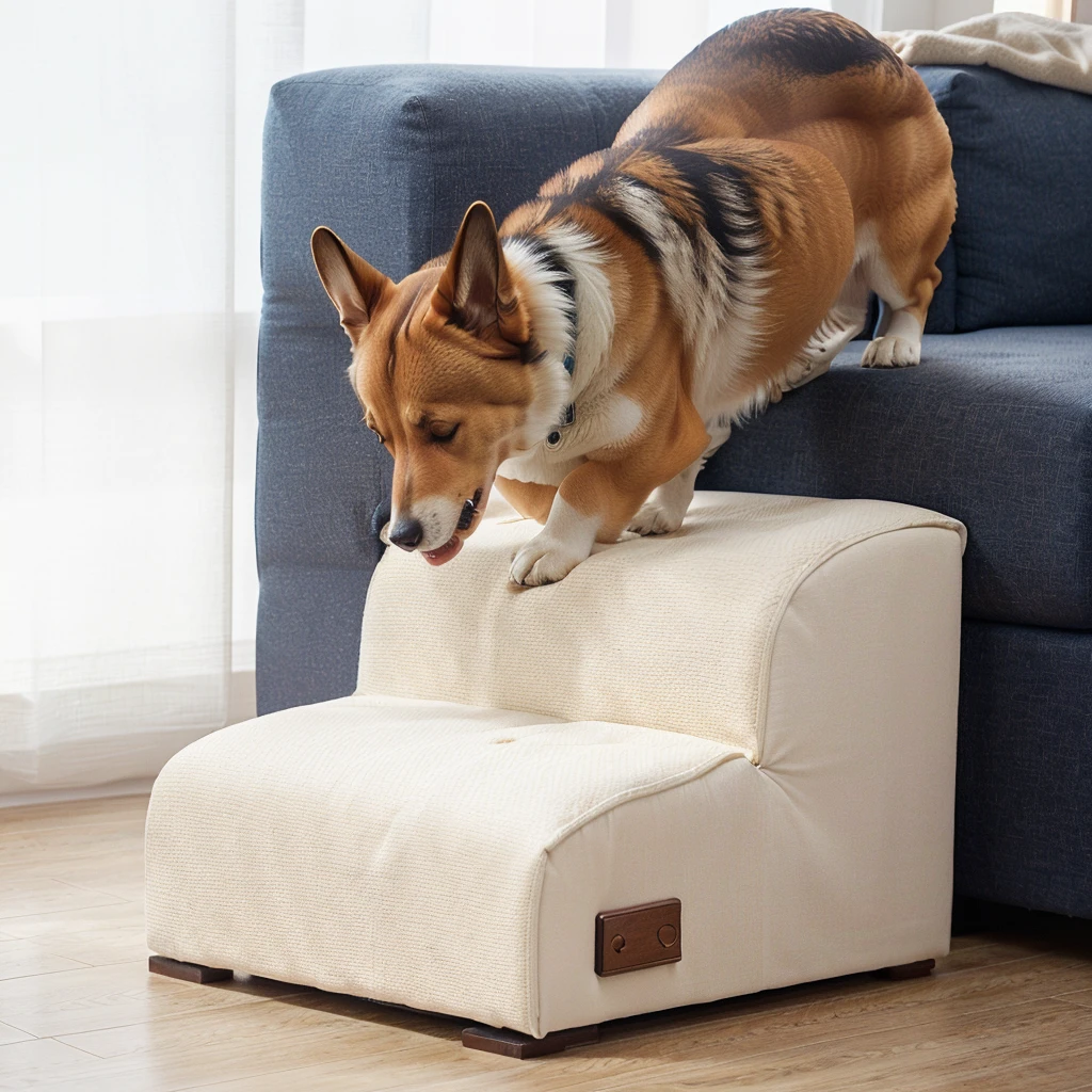araffe dog standing on a pet stairs in a living room, Corgi, Dynamic!!, Ease of use, dog, Side Angle,  Designed for comfort and aesthetics!, pet, Firm gaze, 一只Corgi从楼梯上走下来，米色dog楼梯，Fabric，Natural light and shadow，阳光照射在dog楼梯上，High-end，Japanese style home environment