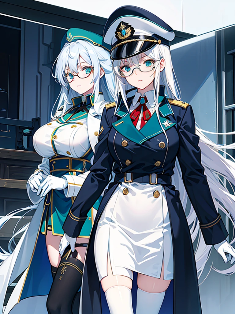 masterpiece, best quality, beautiful girl, white hair with blue inner color, emerald green eyes, dark blue military uniform, mature_female, eye_glasses, white gloves, anime, dark blue military hat, very_long_hair, perfect body, red ribbon, commander, science_fiction, black knee-high boots, white pencil skirt , cowboy_shot, best quality, large_breasts, ultra-detailed, high quality, modern military uniform, sci-fi, royal blue Trench Coat, one girl 