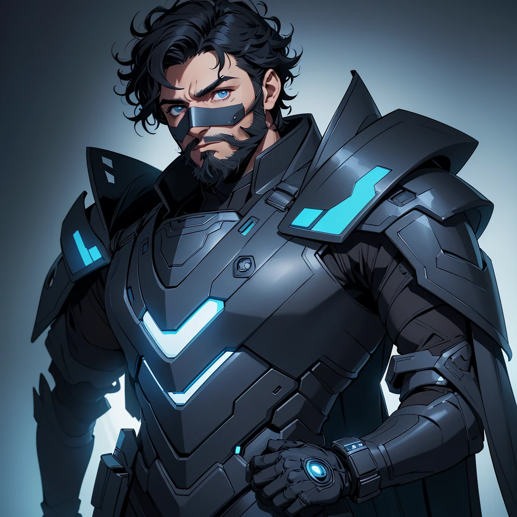 A young adult man with a beard and short, curly black hair with a gradient, He is wearing a dark gray futuristic superhero armor with blue LEDs, he is wearing a mask with the same color as the armor that covers part of his eyes, also part of his exposed face and hair and also wears futuristic bracelets and a blue cape; he is in a low luminated background