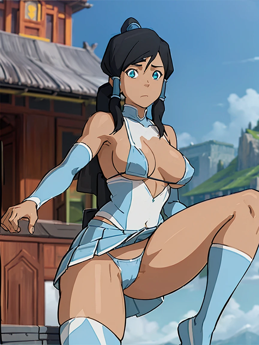 The legend of korra, korra,(medium tits,thongs,stockings,micro bikini,mouth veil,micro skirt), her legs spread open, lifting skirt, looking at viewer,