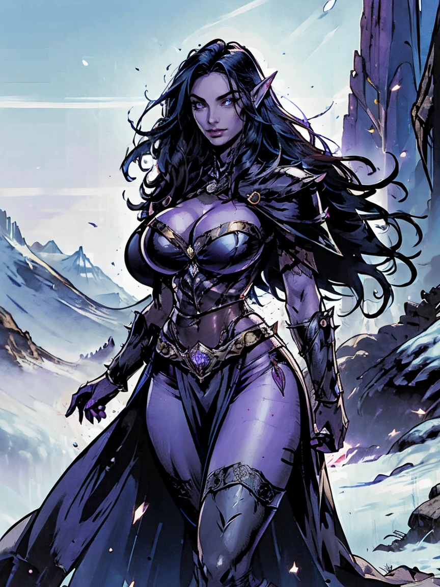 (masterpiece, top quality, best quality, official art, beautiful and aesthetic:1.2), (1girl:1.3), ((Sharp facial features, sharp features, hawkish features)), ((big hair, long elf ears, long black hair)), (((pale purple skin, pale blue skin, blue skin, purple skin))), big tiddy dark elf girl, extremely detailed, portrait, looking at viewer, solo, (full body:0.6), detailed background, full-body shot, (cold night mountain theme:1.1), dark elf war dancer, (spiky winged helmet), charlatan, smirk, mysterious, swaying in mountains, strapless top, skimpy attire, revealing gladiatrix costume, ebony metal, gold filigree, long boots, dual knives, blood red fabric, pelvic curtain, loincloth, black leather, ((((gigantic breasts, cleavage, skindentation, long legs, pelvic curtain)))), cute belly button, toned tummy, slim waist, slim hips, long legs, medieval (mountain exterior:1.1) background, dark mysterious lighting, shadows, magical atmosphere, dutch angle