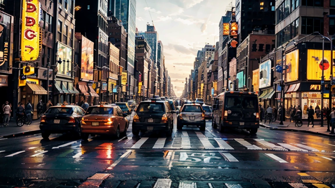 a crowded city street in New York City, massive skyscrapers, traffic jam, asphalt road, busy intersection, pedestrians crossing the street, neon signs, street lamps, detailed city landscape, gritty urban atmosphere, vibrant colors, dynamic composition, cinematic lighting, realistic 3D rendering, photorealistic, masterpiece, 8k