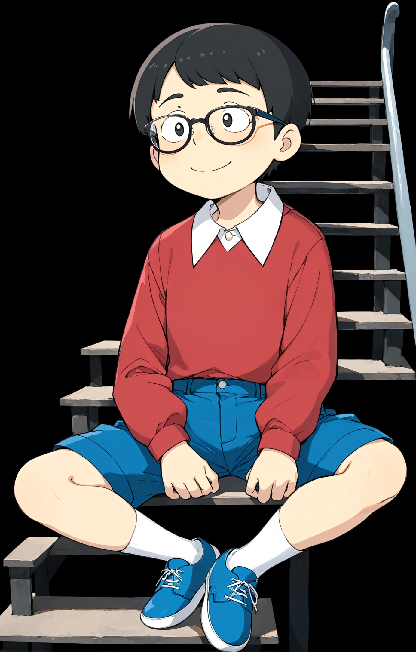Nobita Nobi,solo, smile, simple background, shirt, black hair, long sleeves, 1boy, sitting, full body, male focus, shoes, glasses, shorts, socks, collared shirt, black background, red shirt, blue shorts, blue footwear, stairs
