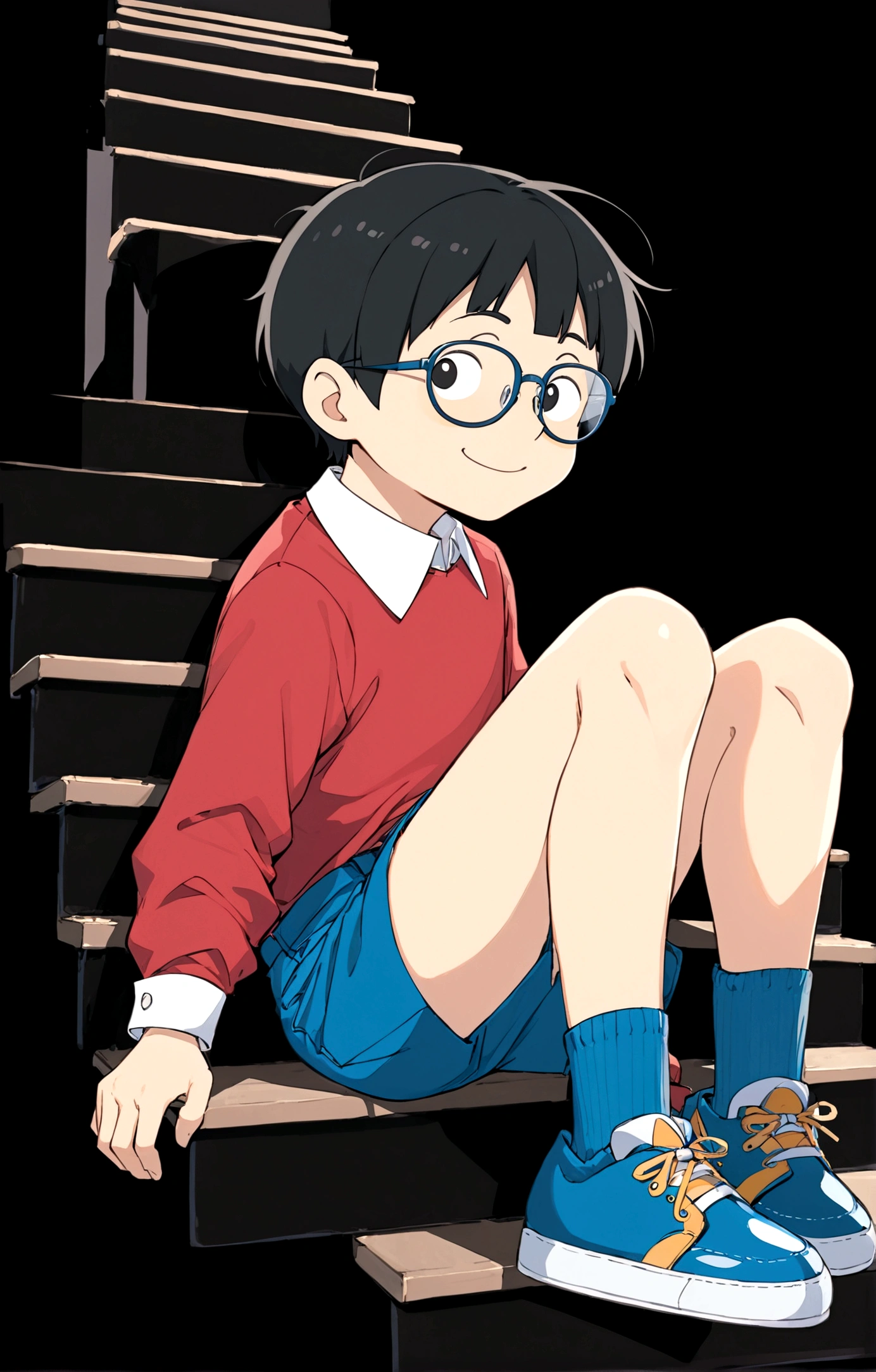 Nobita Nobi,solo, smile, simple background, shirt, black hair, long sleeves, 1boy, sitting, full body, male focus, shoes, glasses, shorts, socks, collared shirt, black background, red shirt, blue shorts, blue footwear, stairs