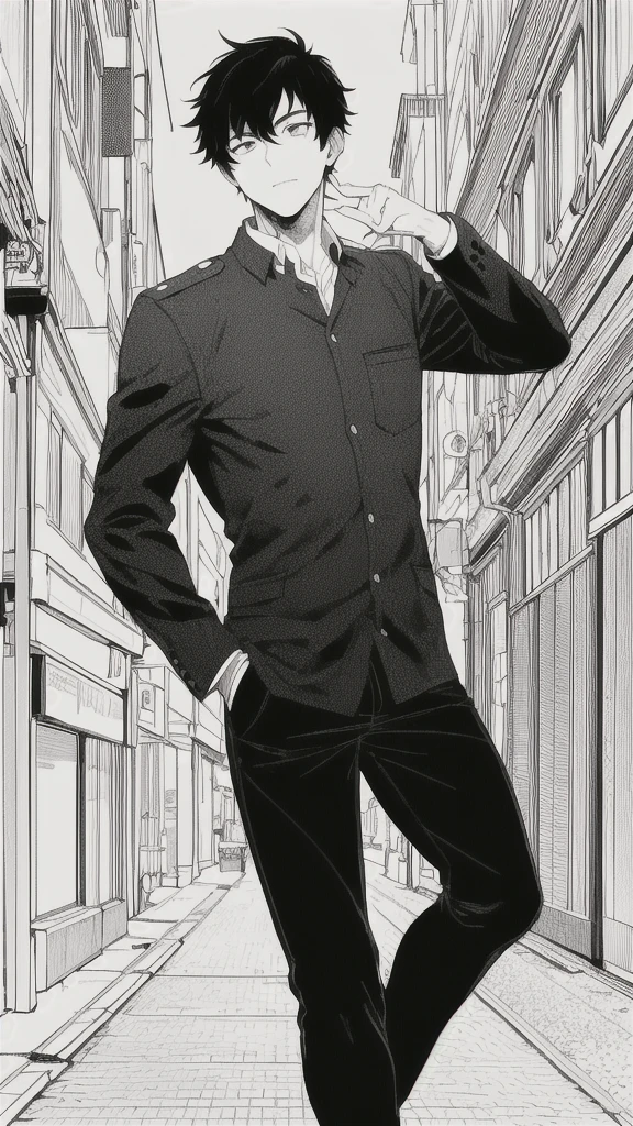 masterpiece, best quality, 1man, uniform, hand in pocket, school bag, black hair, black eyes,  cyberpunk, street,  monochrome, lineart