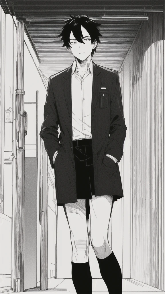 masterpiece, best quality, 1man, uniform, hand in pocket, school bag, black hair, black eyes, cyberpunk, street, monochrome, lineart