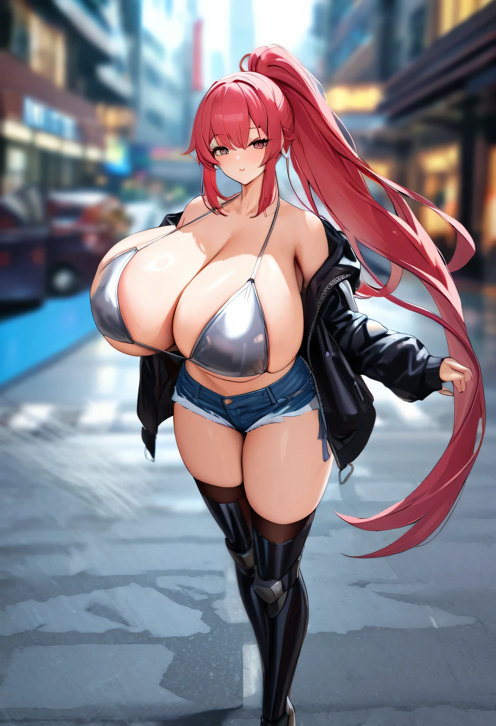8k,UHD,Top-quality,Ultra high definition 8K illustration wallpaper,Super high resolution,Masterpiece,Intricately detailed,Blurry background,Depth of field,Tonemapping,Sharp focus,Trending on Artstation,Looking at viewer,Full body,Cool girl,1girl,Solo,Gigantic breasts,Pink red hair,Very long ponytail,Black eyes,Sharp eyes,Jitome,Black leather hooded jacket,Denim shorts,Black thighhighs,Open clothes,Silver bikini,Mechanical Boots,Guitar,Outdoors,City