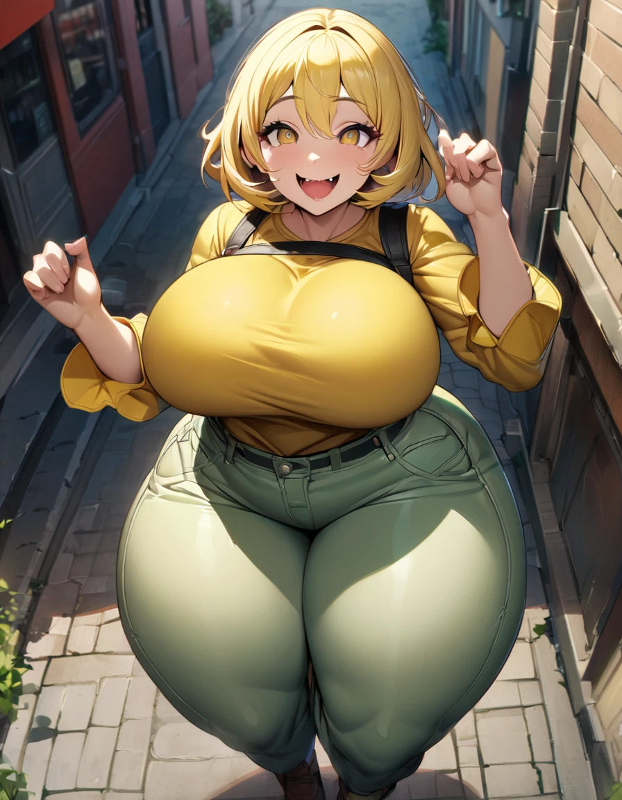 Yellow hair color,short hair,yellow shirt,pants,light brown eyes,chubbily ,huge breasts,whipped thighs,cat mouth,smile,Open mouth,open eye,double tooth,Taken from the viewpoint above, looking at viewer,upturned eyes,street Background,SFW,perfect,high quality,faultless,