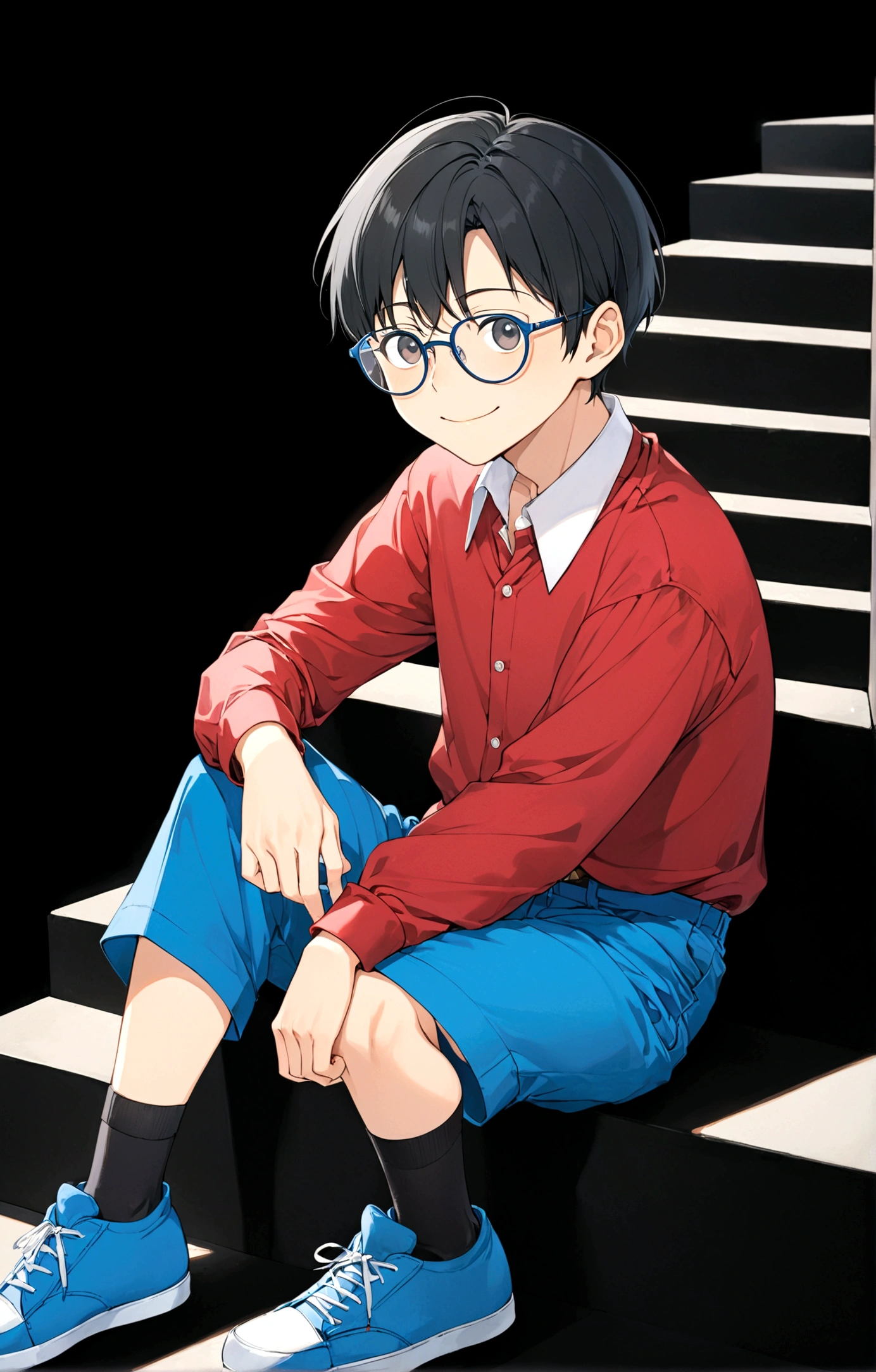 Nobita Nobi,solo, smile, simple background, shirt, black hair, long sleeves, 1boy, sitting, full body, male focus, shoes, glasses, shorts, socks, collared shirt, black background, red shirt, blue shorts, blue footwear, stairs