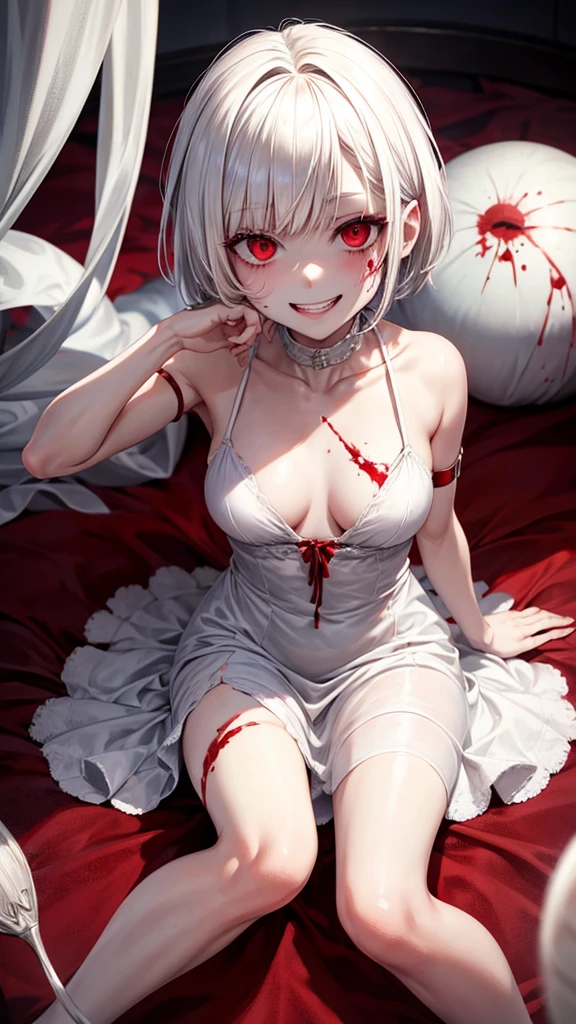 White short hair, Red eyes, small breast, long legs, dress, Yandere girl, blood on face, scary smile