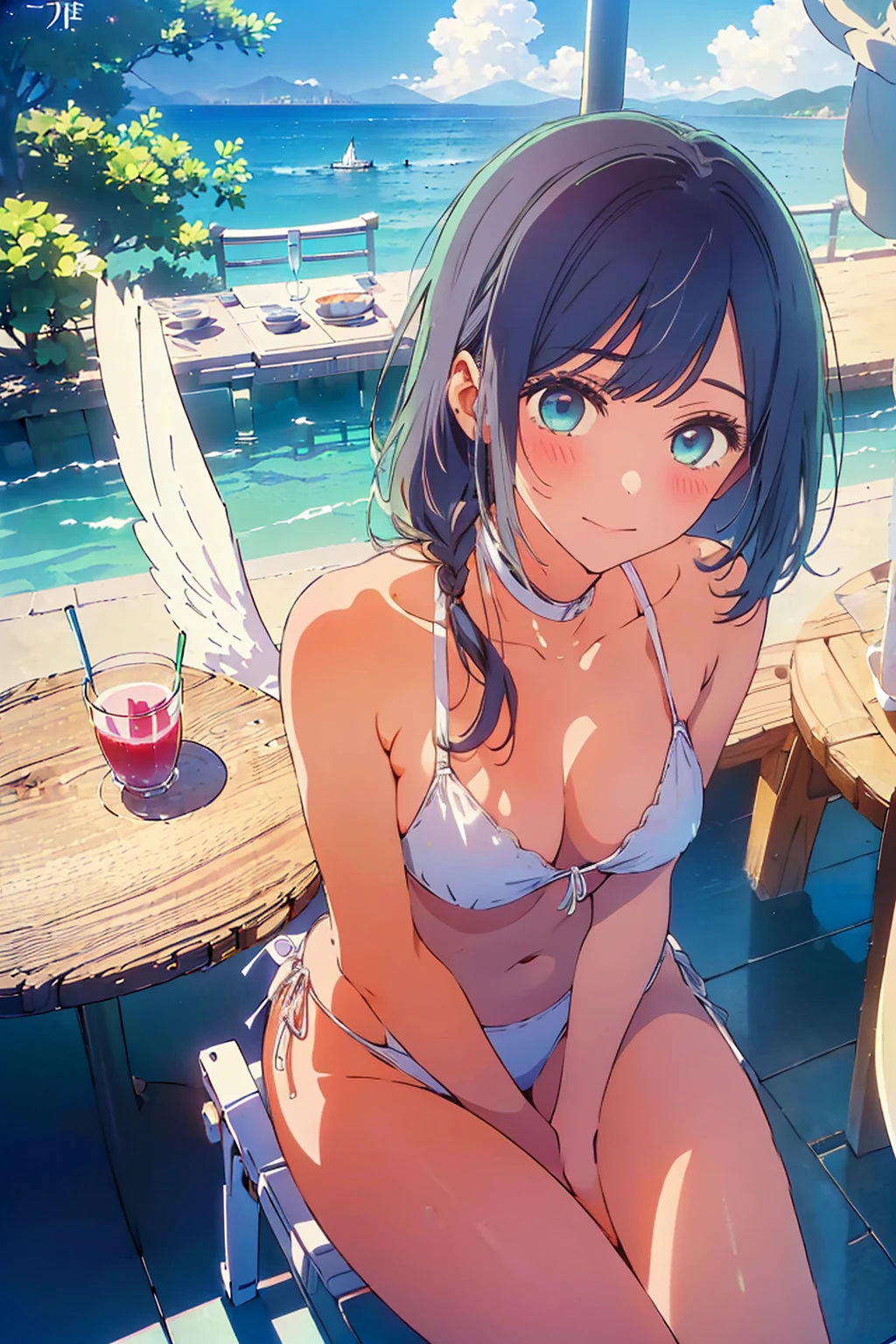 (Highest quality:1.4、8k:1.4,detailed),F cup bust、Big Breasts、Slim and beautiful arms、Slim body、Very white beautiful skin、((((1 person、smile、Swimwear、smile、sit、Chair、In the background are the urban buildings of Tokyo、Outdoor café terrace、coastal、Navy hair color、juice、table、She is wearing a white side-string high-leg bikini、Touching the chest、Shot from slightly above、Looking up、Very cute face))))、looking at the camera、Very beautiful face、Very blue sky、A completely cloudless sky、She tilted her head slightly、The atmosphere is bright and lively、The woman is at the center of the image。