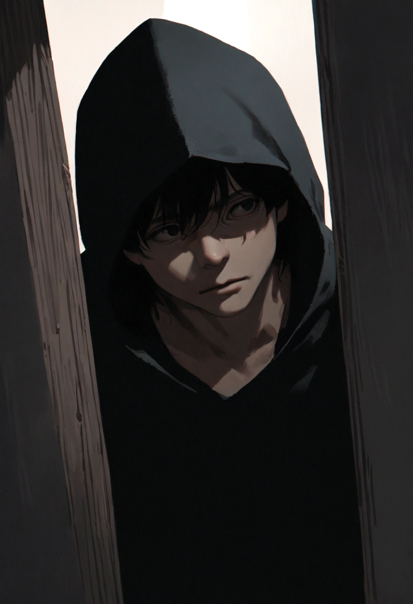 "A male character peeking through an attic door in the floor with a fearful expression, only his head visible, wearing a black hoodie with the hood up, short black hair, frontal view. Minimalist character, 8k resolution, high definition, photorealistic style, cinematic lighting, melancholic atmosphere, dramatic shadows, muted color palette."