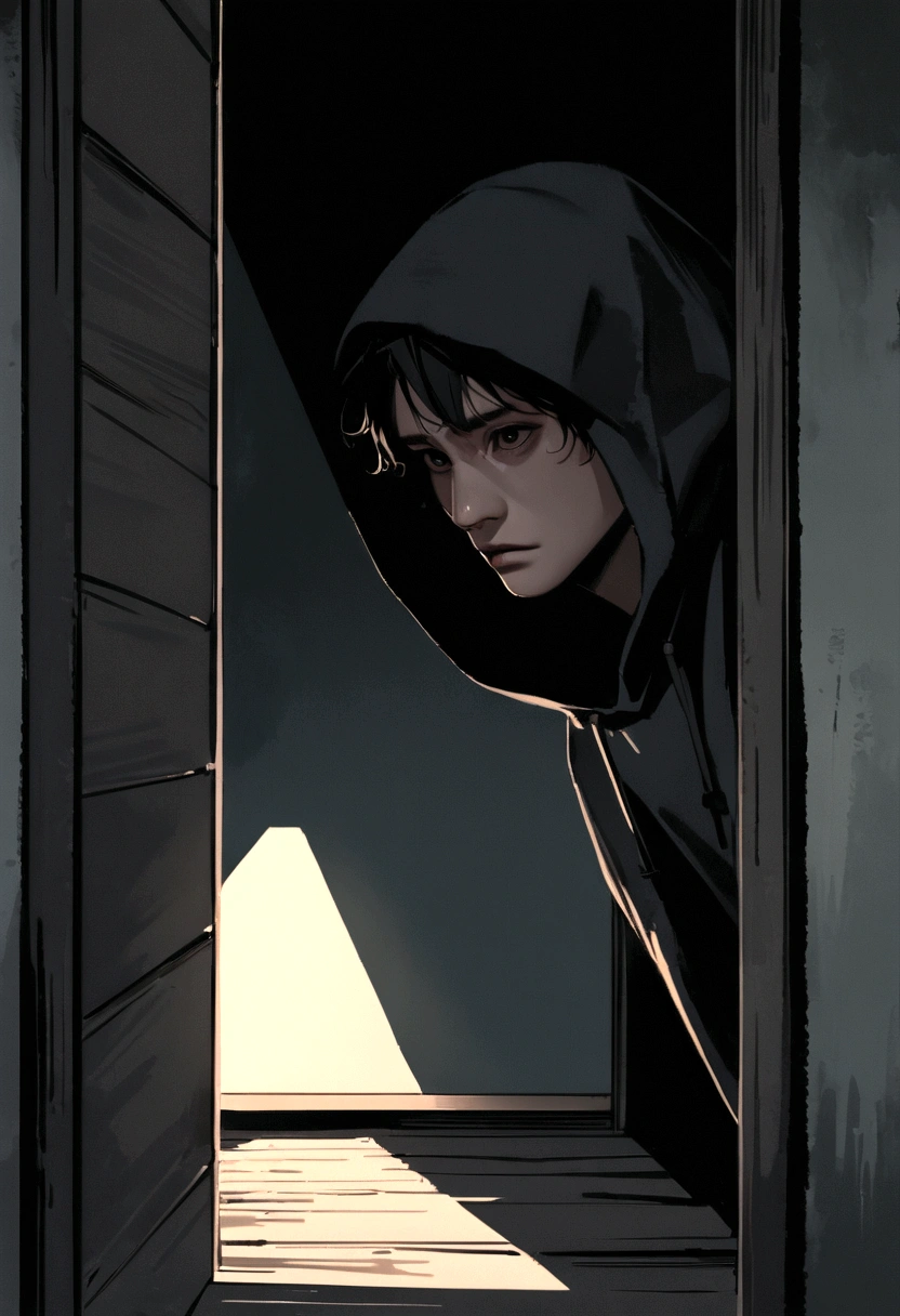 "A male character peeking through an attic door in the floor with a fearful expression, only his head visible, wearing a black hoodie with the hood up, short black hair, frontal view. Minimalist character, 8k resolution, high definition, photorealistic style, cinematic lighting, melancholic atmosphere, dramatic shadows, muted color palette."