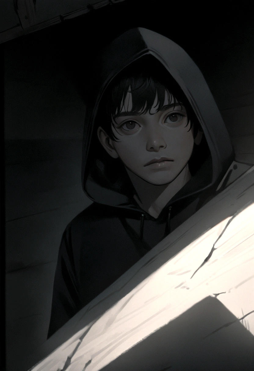 "A male character peeking through an attic door in the floor with a fearful expression, only his head visible, wearing a black hoodie with the hood up, short black hair, frontal view. Minimalist character, 8k resolution, high definition, photorealistic style, cinematic lighting, melancholic atmosphere, dramatic shadows, muted color palette."