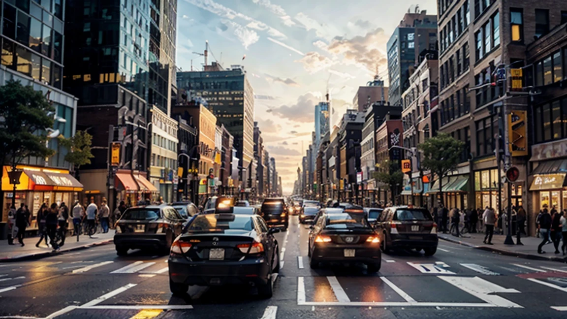 a crowded city street in New York City, massive skyscrapers, traffic jam, asphalt road, busy intersection, pedestrians crossing the street, detailed city landscape, gritty urban atmosphere, vibrant colors, dynamic composition, cinematic lighting, realistic 3D rendering, photorealistic, masterpiece, 8k