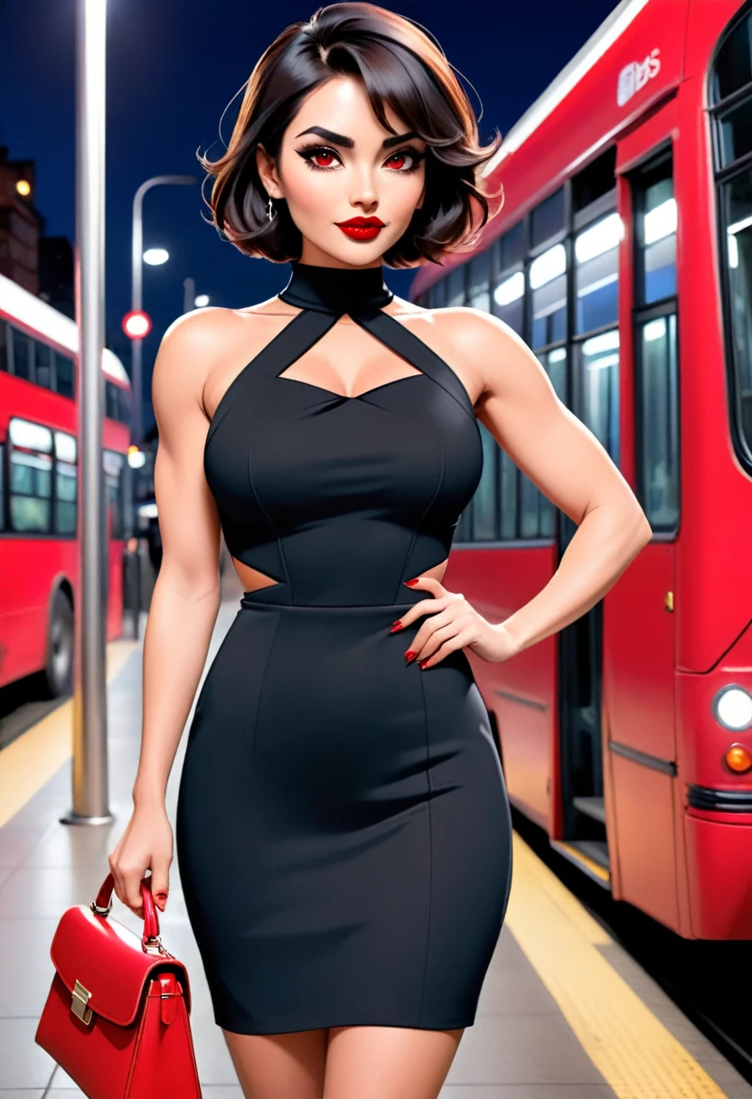 Beautiful woman with short dark hair with a bob cut with brown eyes wearing a Mock Neck Cut Out Dress, Sexy Criss Cross Mock Neck Sleeveless Dress, luxurious jewelry, 18k gold wedding ring, standing at a bus station at night carrying a luxurious handbag (red lipstick),(elegant mascara),(muscular body with abs),(big breasts) midjourney, <lora:GoodHands-, <lora:GoodLegs-, UHD, high resolution, (masterpiece:1.1, best quality), (expressive eyes, perfect face, full body, expressive face, perfect body, athletic, fit, slim body, blushing, Perfect makeup, eyeliner, beautiful eyelashes, smiling, horny face), ((best illumination, best shadows))