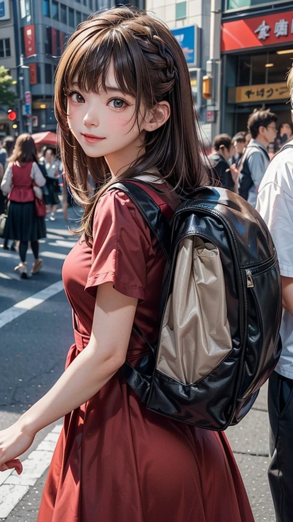 1 female,perfect 20 year old,smile:1.3,(Brown eyes),(( 8k,masterpiece,Perfect Anatomy)),Cowboy Shot,(Beautiful and exquisite face and eyes,gorgeous eyes:1.3), break ,Brown eyes, break ,Blonde:1.3,bangs, break ,smile,blush,Small breasts,((Black backpack))、break ,Are standing,on the road,Shibuya Station、Tokyo、((Background blur)),((Red dress))、french braid,Street Snap、