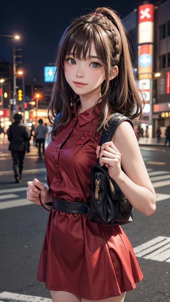 1 female,perfect 20 year old,smile:1.3,(Brown eyes),(( 8k,masterpiece,Perfect Anatomy)),Cowboy Shot,(Beautiful and exquisite face and eyes,gorgeous eyes:1.3), break ,Brown eyes, break ,Blonde:1.3,bangs, break ,smile,blush,Small breasts,((Black backpack))、break ,Are standing,on the road,Shibuya Station、Tokyo、((Background blur)),((Red dress))、french braid,Street Snap、