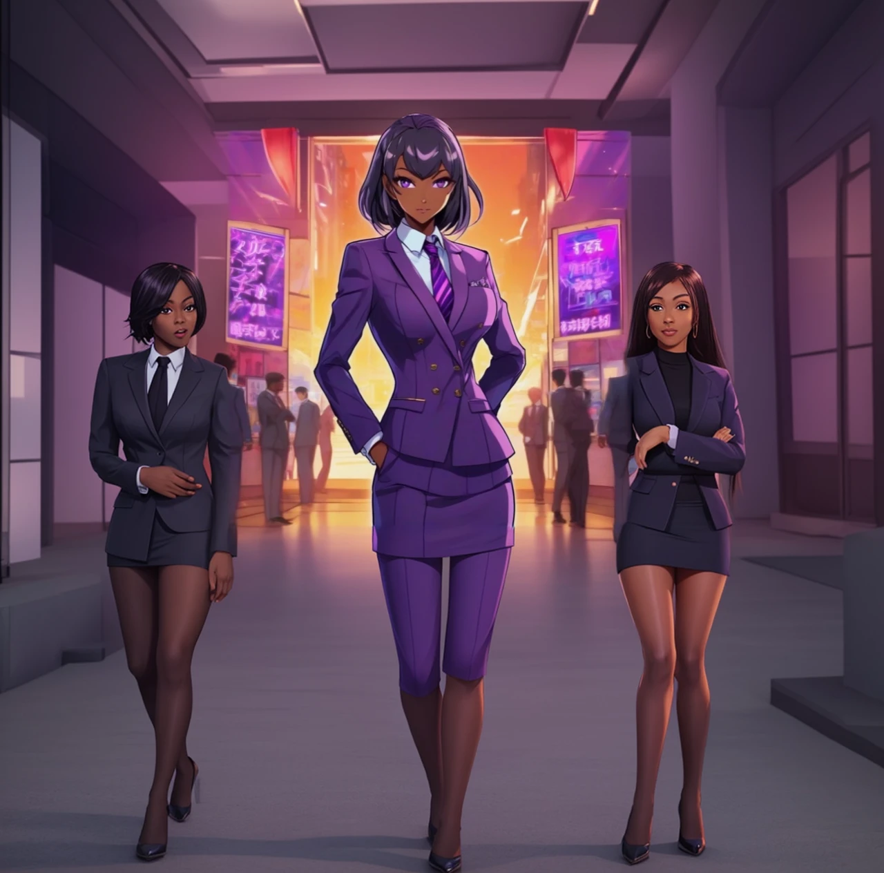 Black anime business woman in a purple skirt suit