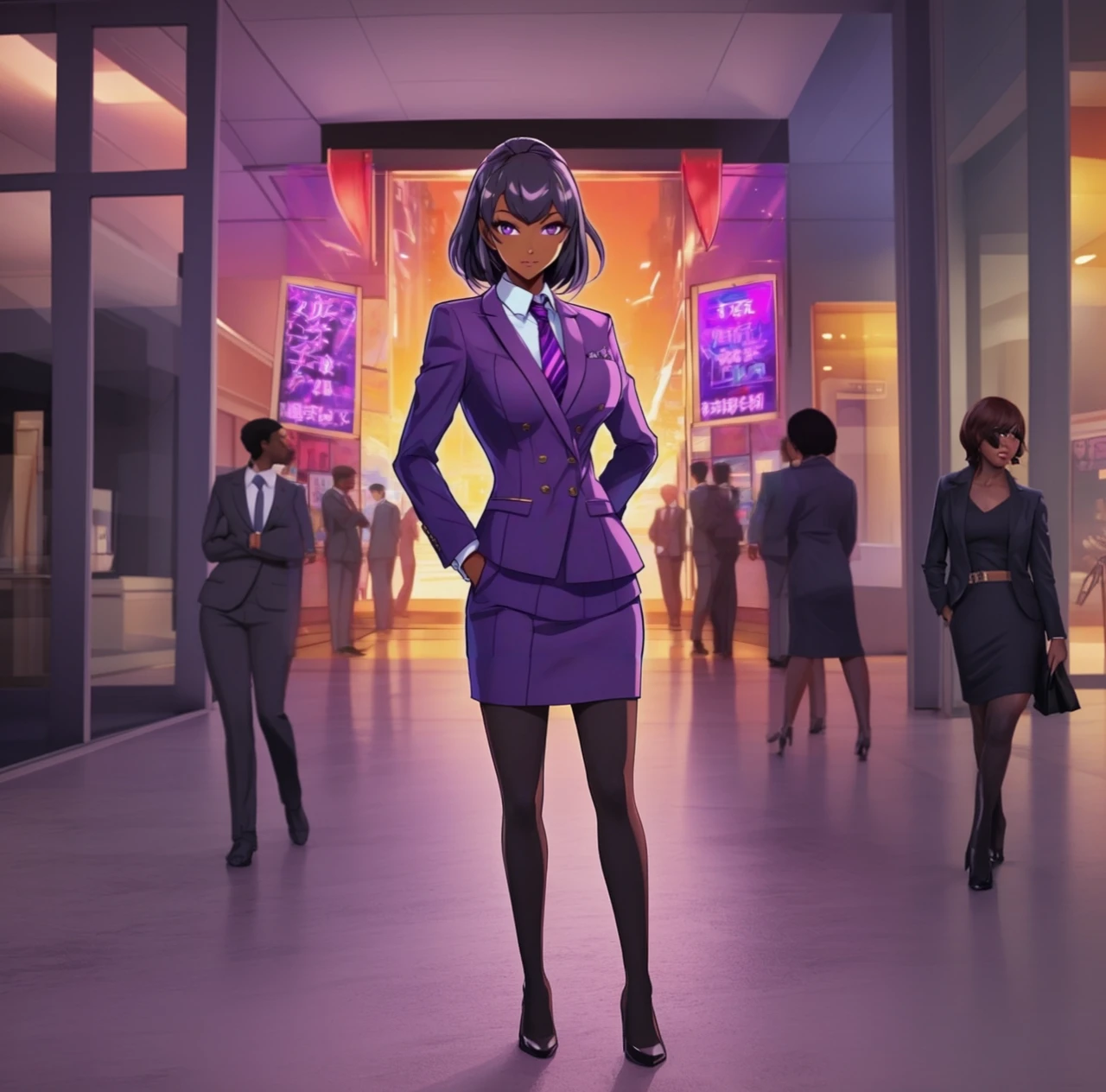 Black anime business woman in a purple skirt suit