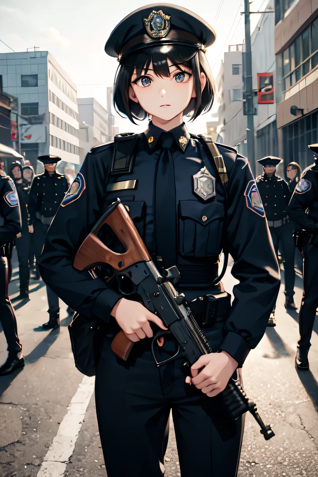 Ultra Detail，young people，Holding a pistol，routine patrol , , Stand in front of a police car, Very serious expression