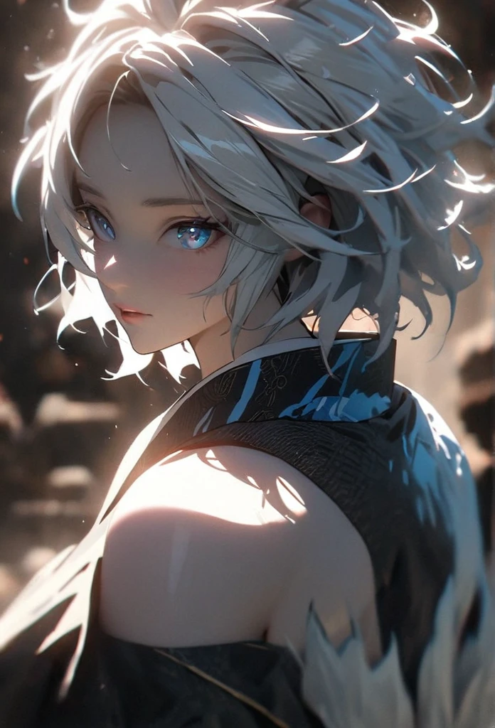 (solo), white hair, messy hair, mane hair, short hair, dense hair, wild hair, expressive hai,(25 year old), pale skin, ((Female)), blue eyes, beautiful girl, wearing a white and blue decoration kimono, beautiful, attractive, huge breast, big ass, Yin, eye reflection, depth of field, thunder aura, cinematic lighting, ray tracing, depth of field, cinematic lighting, ray tracing, UHD, high details, best quality, highres, high quality, award winning, super detail, masterpiece, 8k, UHD, high details, best quality, highres, high quality, award winning, super detail, masterpiece, 8k, digital art, anime coloring, body shot, full body, back shot, good face, perfect face, detailed face, good eyes. The background is space. A whitehole in the background.