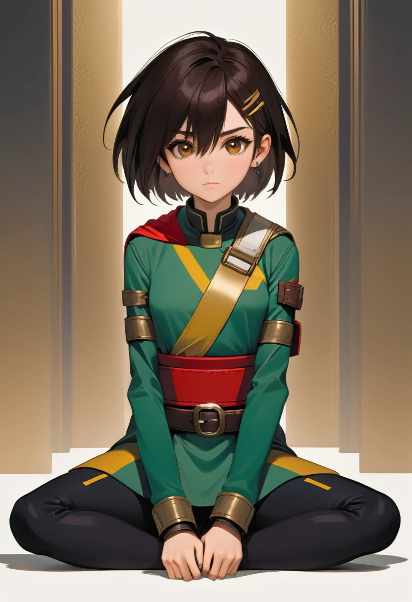 Anime, flat , (Ellen 18-years-old, short dark layered hair, Brown-eyed, small breast:1.0), hair clips 
Fantasy Rogue outfit, belt, spread legs, sitting, embarrassed, groin , 