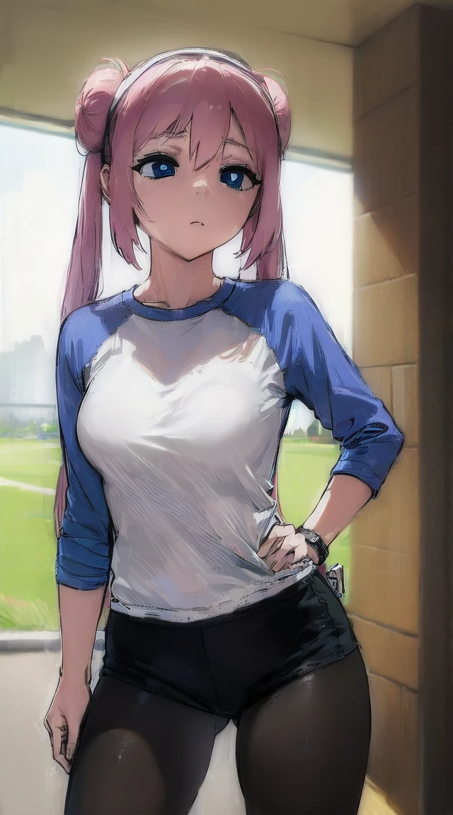 1girl,pink hair
BREAK ((hair bun, blue eyes, twintails, visor cap, pantyhose, raglan sleeves, yellow shorts, shirt, wristwatch, standing, cowboy shot, field, poke ball \(basic\),:1))
BREAK ((blank eyes:1.8))
BREAK indoors,
BREAK looking at viewer, 
BREAK (masterpiece:1.2), best quality, high resolution, unity 8k wallpaper, (illustration:0.8), (beautiful detailed eyes:1.6), extremely detailed face, perfect lighting, extremely detailed CG, (perfect hands, perfect anatomy),